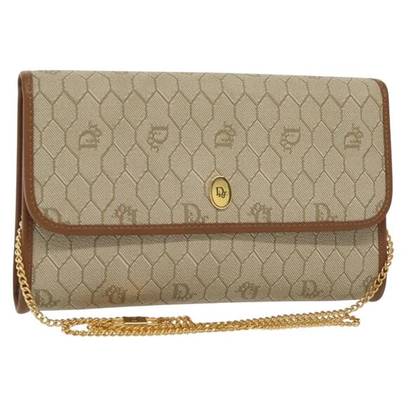 DIOR Honeycomb Canvas Chain Shoulder Bag Pvc Beige Gold - Picture 1 of 12